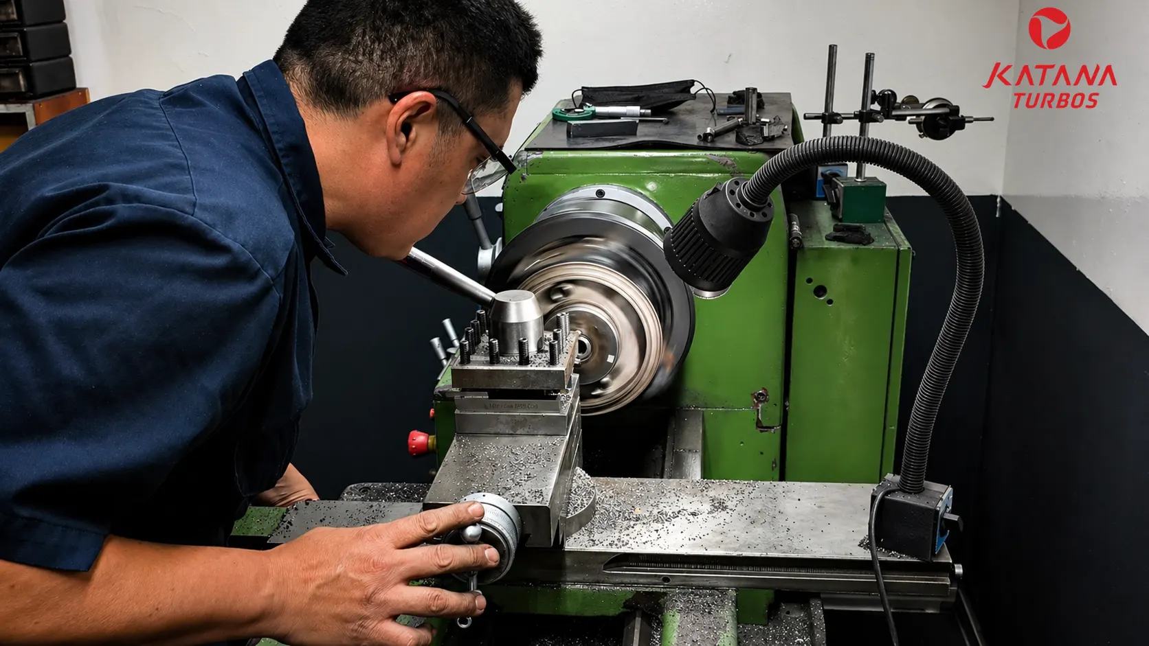 Técnico de Katana Turbos trabajando en torno de balanceo